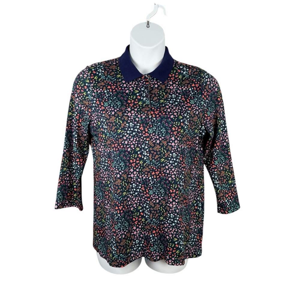 Lands End Polo Shirt LT 14-16 Navy Floral Print Cotton 3/4 Sleeve Country Preppy